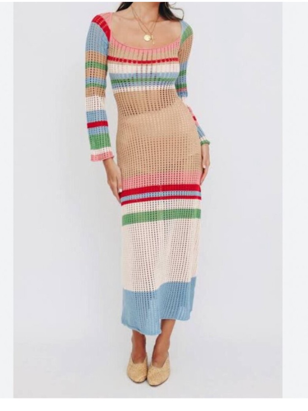 VRG GRL Work of Art Summer Multicolor Boho Crochet Knit Striped Maxi Dress